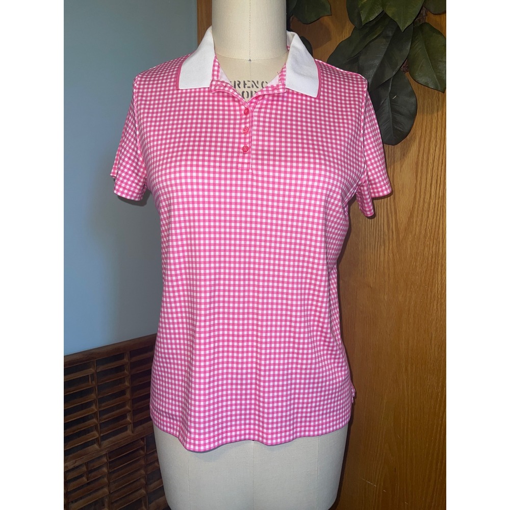 Lands' End Women's Pink Gingham Polo Shirt White Collar Short Sleeve‎ Size P-LG